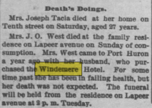 Gratiot Inn (Windemere Hotel) - Feb 1891 Article On Windemere